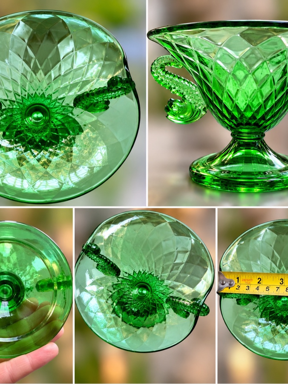 : Vintage Uranium Glass Swan Handle Pedestal Bowl UV Glow